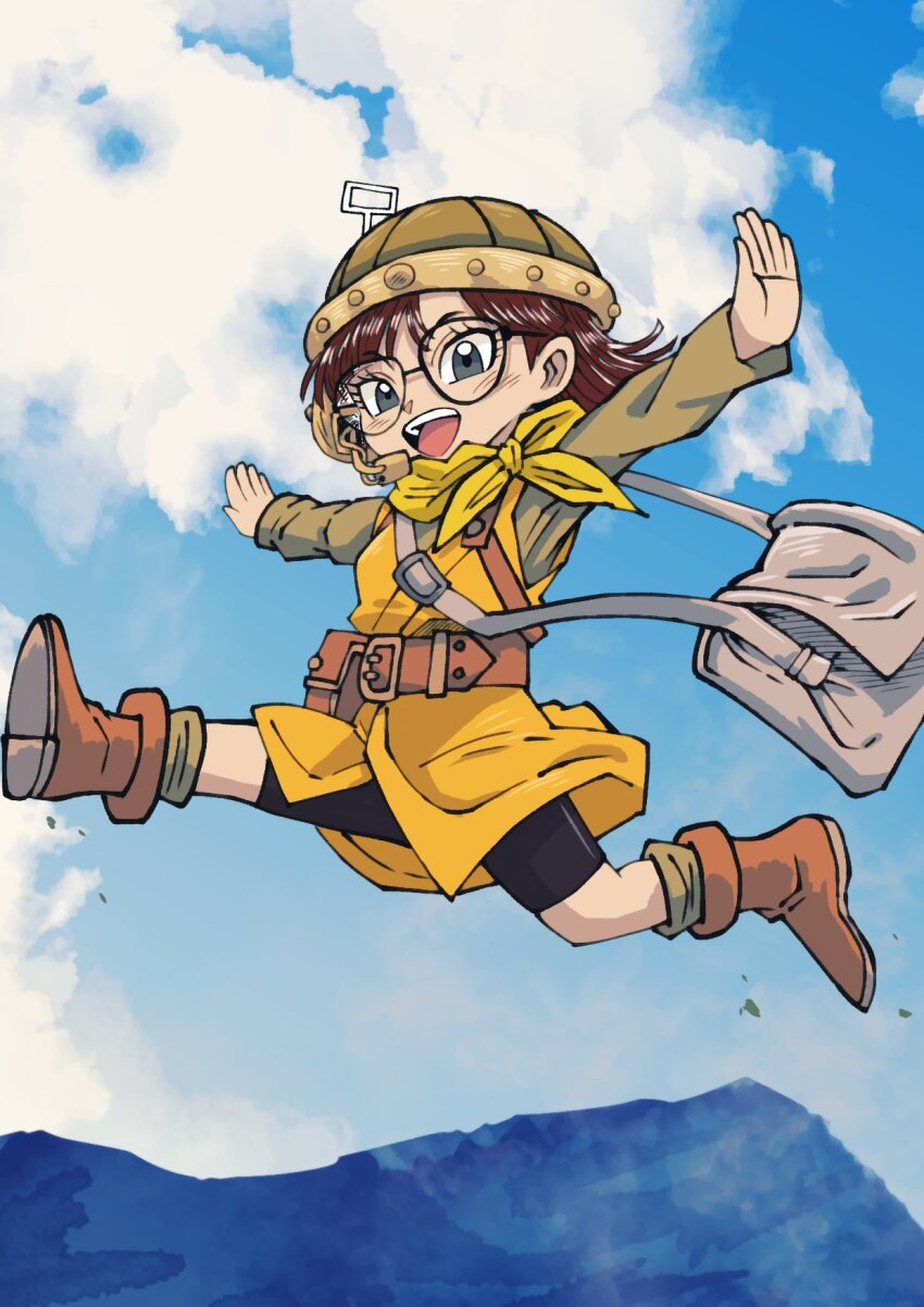 1girl batchgooya belt bike_shorts blue_eyes chrono_trigger cloud full_body glasses helmet highres looking_at_viewer lucca_ashtear open_mouth purple_hair scarf short_hair smile solo