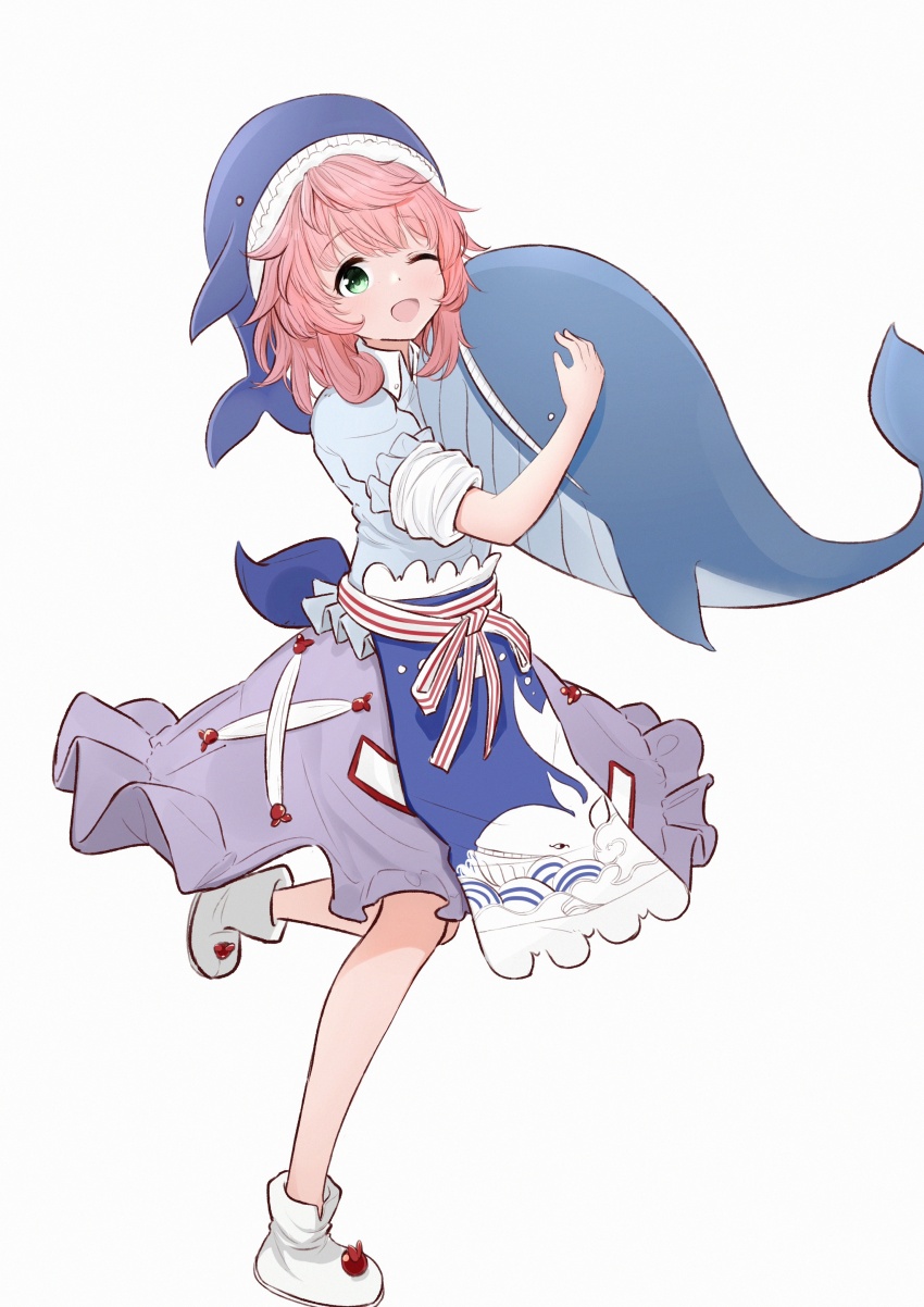 1girl absurdres animal_hat animal_print apron blue_apron blue_shirt fish_print frilled_skirt frills green_eyes hat highres karenkabuka long_sleeves medium_hair medium_skirt ofuda ofuda_on_clothes okunoda_miyoi one_eye_closed pink_hair purple_skirt shirt skirt sleeves_rolled_up standing standing_on_one_leg touhou whale_hat whale_print