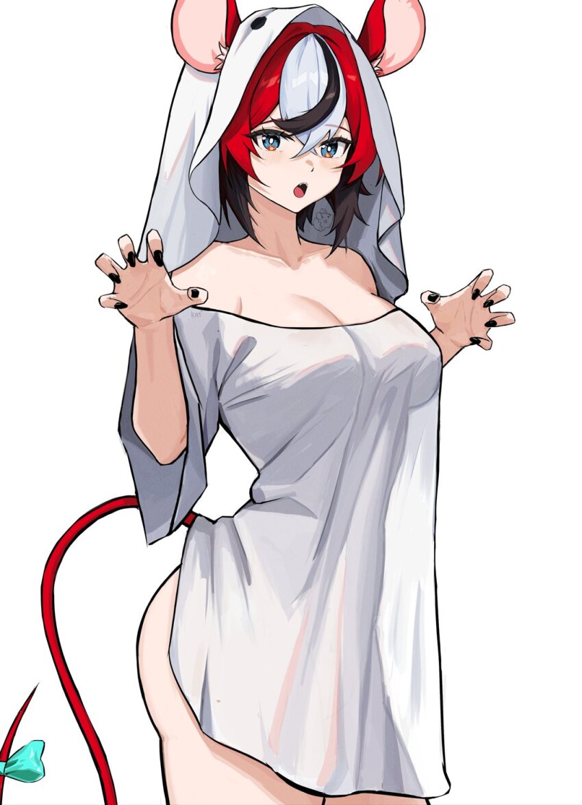 1girl alternate_costume animal_ear_fluff animal_ears ass black_hair black_nails blue_eyes breasts claw_pose cleavage collarbone commentary ghost_costume hakos_baelz highres hololive hololive_english hood large_breasts looking_at_viewer mouse_ears mouse_girl mouse_tail mr._squeaks_(hakos_baelz) multicolored_hair open_mouth red_hair see-through_clothes simple_background solo streaked_hair tail ttsyrene virtual_youtuber white_background white_hair