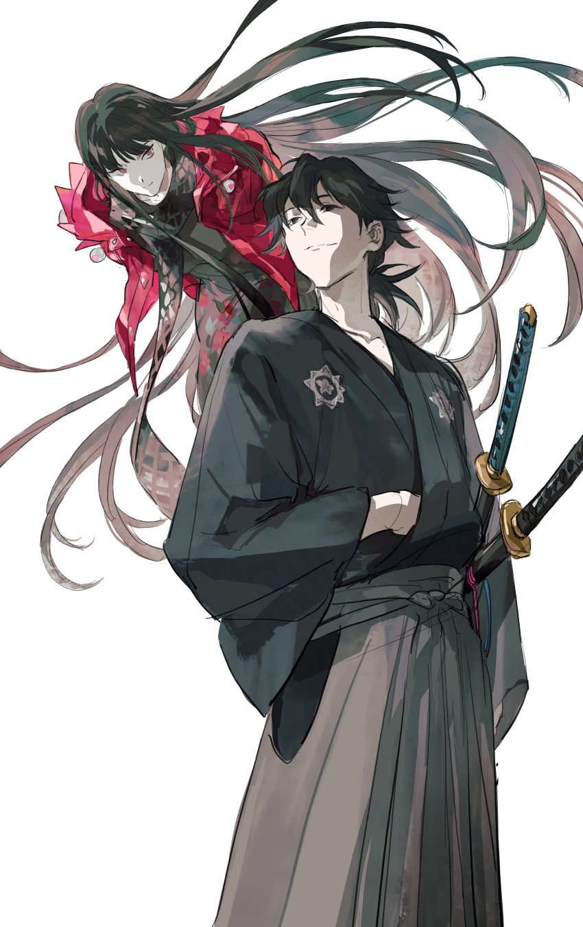 1boy 1girl absurdres black_eyes black_hair black_scarf fate/grand_order fate_(series) floating grey_hakama hakama hat highres jacket japanese_clothes katana long_hair long_sleeves low_ponytail mimulishizi oryou_(fate) ponytail red_eyes sakamoto_clan_(emblem) sakamoto_ryouma_(fate) scarf simple_background smile sword very_long_hair weapon white_background