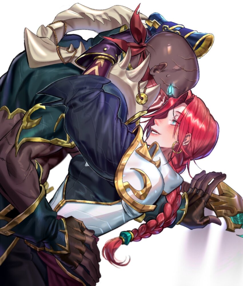 1boy 1girl abs arm_around_neck bald black_gloves blush braid braided_ponytail breasts brown_gloves dark-skinned_male dark_skin earrings eye_contact fingerless_gloves gloves glowing glowing_eyes green_eyes gun hetero highres holding holding_gun holding_weapon hoop_earrings jewelry league_of_legends looking_at_another mask medium_breasts miss_fortune_(league_of_legends) mouth_mask muscular muscular_male myobi_(f0r_l0l) profile pyke_(league_of_legends) red_hair shiny_skin short_sleeves single_braid smile teeth weapon