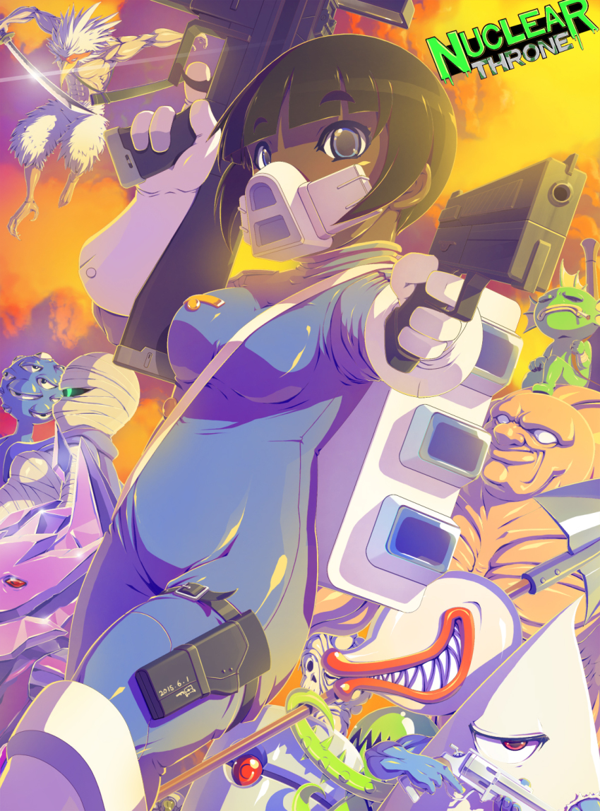 1girl abs bandages bird blue_eyes blue_scarf blunt_bangs bob_cut bodysuit breasts chicken chicken_(nuclear_throne) cigarette copyright_name crystal_(nuclear_throne) cyclops dark_skin dated dual_wielding dutch_angle everyone extra_eyes eyes_(nuclear_throne) fish_(nuclear_throne) frown gas_mask gender_request genderswap gloves green_eyes grin gun handgun highres holding holster horror_(nuclear_throne) humanization katana mask medium_breasts melting_(nuclear_throne) mouth_hold muscular nuclear_throne one-eyed personification plant_(nuclear_throne) police police_uniform rapama rebel_(nuclear_throne) red_eyes respirator revolver robot robot_(nuclear_throne) rogue_(nuclear_throne) scarf sharp_teeth sheath short_hair shovel skin_tight smile solid_eyes solo_focus steroids_(nuclear_throne) sword teeth thigh_holster weapon white_eyes worktool yung_venuz