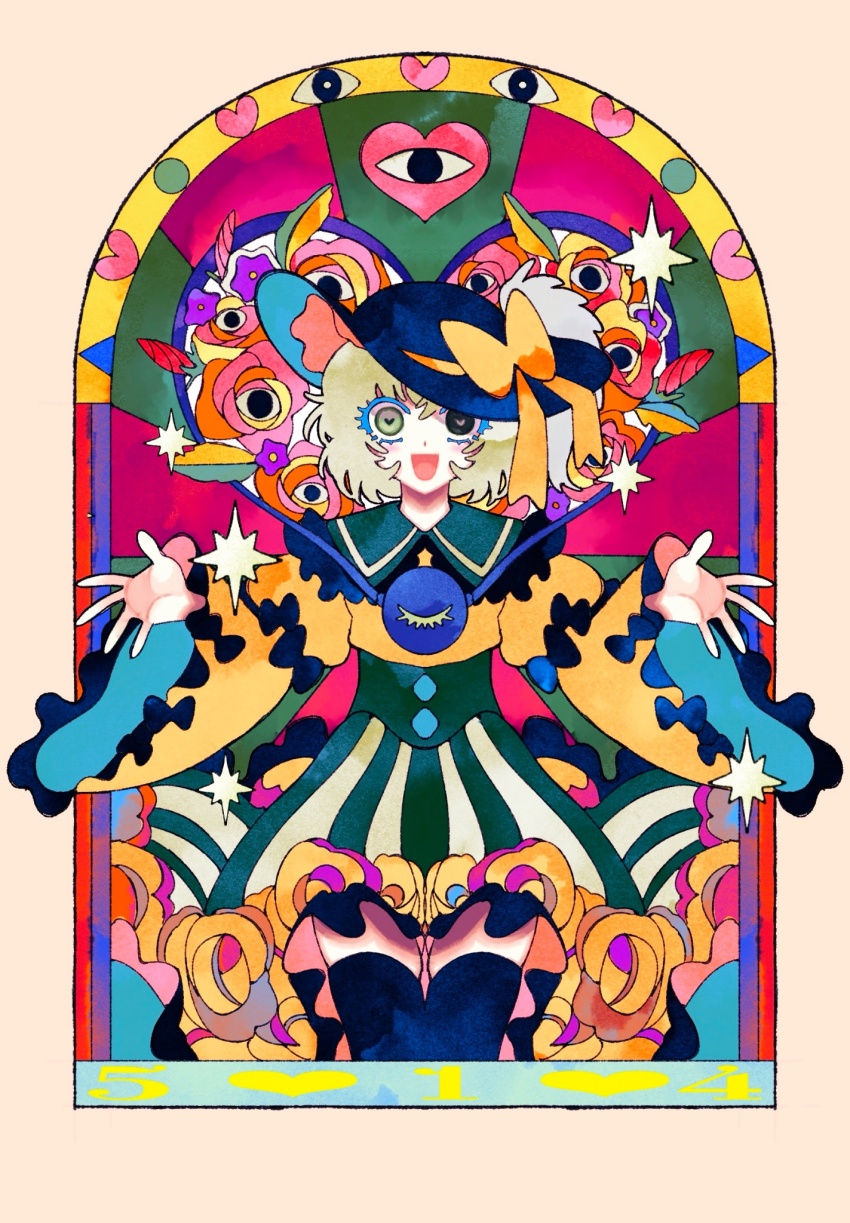 1girl arch black_eyes black_hat blonde_hair border bow brown_border colored_eyelashes commentary_request disembodied_eye flower green_eyes green_skirt hat hat_bow heart heart-shaped_pupils heterochromia high-waist_skirt highres juliet_sleeves komeiji_koishi long_sleeves looking_at_viewer mememedama10 mismatched_pupils multicolored_flower one_eye_closed open_hands open_mouth outstretched_arms puffy_sleeves rose short_hair skirt smile solo sparkle spread_arms standing straight-on striped_clothes striped_skirt symbol-shaped_pupils third_eye touhou wide-eyed wide_sleeves yellow_bow