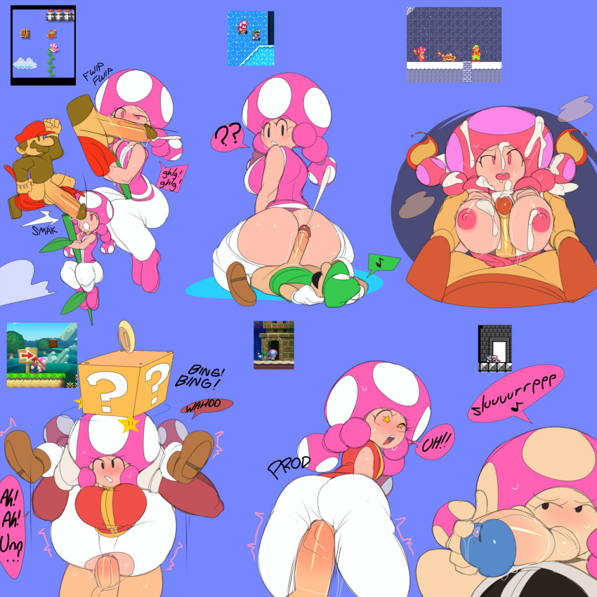 1girl 2boys ?_block absurdres ass blush breasts buttjob captain_kirb clothed_sex collage cum cum_on_body dark_penis ejaculation english_text facial folded full_nelson hetero highres huge_ass large_breasts large_penis leg_grab legs_over_head luigi mario mario_(series) multiple_boys nintendo nipples no_panties oral paizuri pants penis projectile_cum reverse_cowgirl_position reverse_suspended_congress sex sex_from_behind solo_focus star-shaped_pupils star_(symbol) straddling super_mario_maker super_mario_maker_2 symbol-shaped_pupils testicle_sucking toadette torn_clothes torn_pants uncensored white_pants