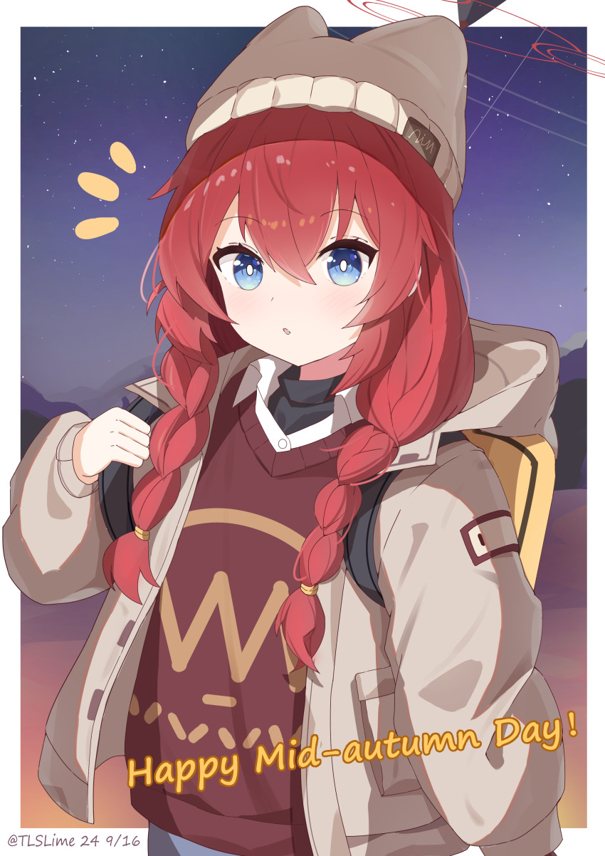 1girl absurdres alternate_costume artist_name backpack bag black_undershirt blue_archive blue_eyes border commentary_request english_text hair_between_eyes halo hat heart highres hood hooded_jacket jacket long_hair long_sleeves looking_at_viewer low_twintails maki_(blue_archive) maki_(camp)_(blue_archive) night night_sky official_alternate_costume official_alternate_hairstyle open_clothes open_jacket parted_lips red_hair red_sweater red_sweater_vest sidelocks simple_background sky smile solo surprised sweater sweater_vest tlslime twintails white_border