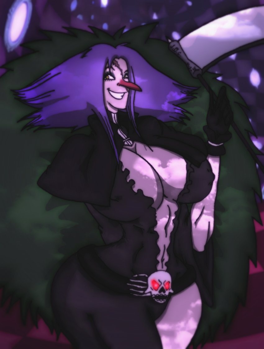 1girl absurdres breasts charlotte_brulee female_focus highres large_breasts mature_female one_piece purple_hair scar scar_on_face scythe smile solo yellow_eyes