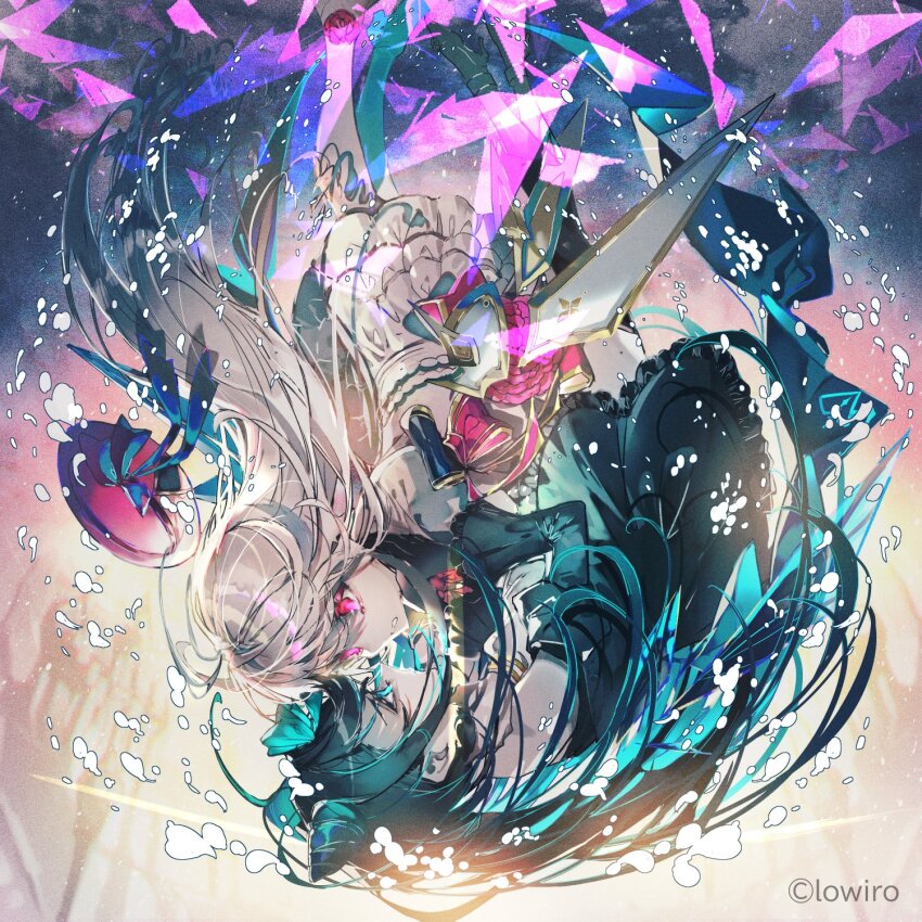 arcaea bare_shoulders black_hair blue_eyes bug butterfly cone_hair_bun dress hair_bun hair_ornament hat highres hikari_(arcaea) hikari_(fracture)_(arcaea) insect long_hair long_sleeves mura_karuki red_eyes tagme tairitsu_(arcaea) tairitsu_(tempest)_(arcaea) very_long_hair white_dress white_hair