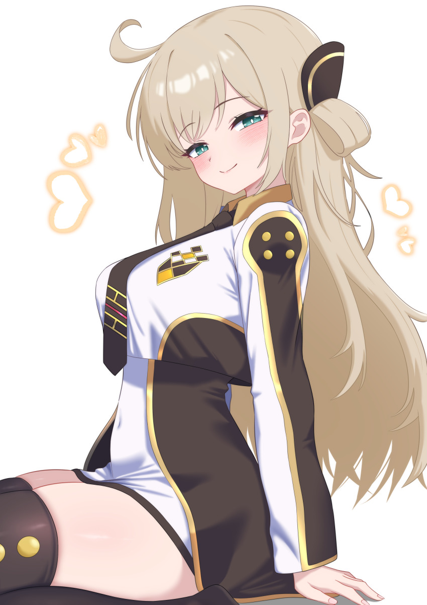 1girl absurdres ahoge ascot black_ascot black_thighhighs blonde_hair blush breasts closed_mouth covered_navel duel_monster green_eyes half-closed_eyes hand_on_ground highres large_breasts long_hair long_sleeves looking_at_viewer oldsickkim simple_background sitting sky_striker_ace_-_raye smile solo thick_thighs thighhighs thighs white_background yu-gi-oh! zettai_ryouiki