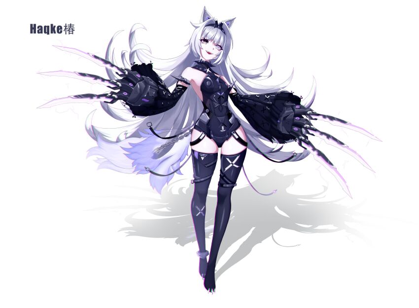 1girl absurdres animal_ears anklet armlet artist_name bare_shoulders black_hairband black_leotard boots breasts chinese_commentary claws commentary detached_sleeves energy_claws full_body grey_eyes hair_intakes hairband haqke_chun headgear heterochromia highres huge_claws jewelry leotard long_hair long_sleeves no._21:_feral_scent_(pgr) no._21_(pgr) open_mouth punishing:_gray_raven revision shadow simple_background skindentation sleeves_past_wrists small_breasts smile solo spiked_armlet tachi-e tail teeth thigh_boots upper_teeth_only very_long_hair white_background white_hair wide_sleeves wolf_ears wolf_girl wolf_tail yellow_eyes