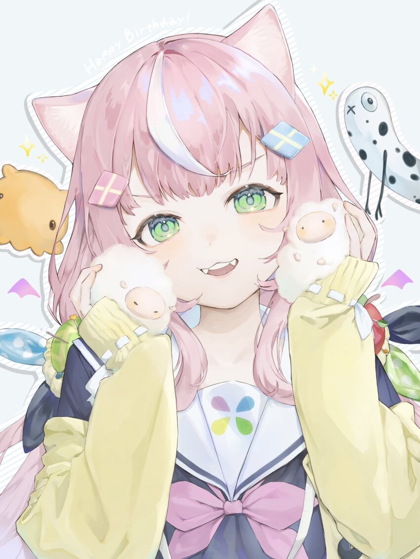 1girl :3 animal_ears blush cardigan cat_ears fangs green_eyes grin haruta_(tnr_no_a) highres long_sleeves looking_at_viewer neckerchief nijisanji nijisanji_kr pink_hair pink_neckerchief sleeves_past_wrists smile twintails virtual_youtuber yang_nari yang_nari_(1st_costume) yellow_cardigan