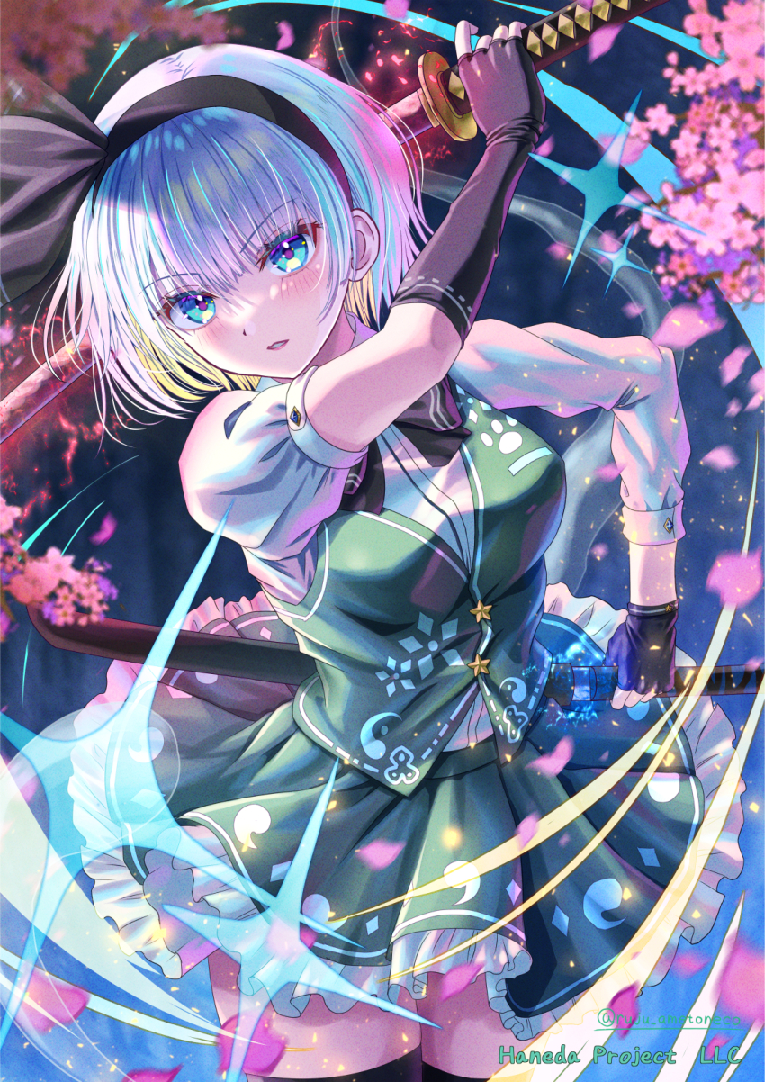 1girl adapted_costume arm_up artist_name asymmetrical_sleeves black_bow black_bowtie black_gloves black_hairband black_thighhighs blue_eyes blush bow bowtie branch breasts buttons cherry_blossoms circle_skirt collared_shirt commentary cowboy_shot dual_wielding elbow_gloves fighting_stance fingerless_gloves flower frilled_skirt frills gloves green_skirt green_vest hair_bow hairband highres hitodama hitodama_print holding holding_sword holding_weapon konpaku_youmu light_particles long_sleeves motion_blur parted_lips pink_flower pink_petals puffy_short_sleeves puffy_sleeves rouge_(my_rouge) shirt short_hair short_sleeves single_elbow_glove skirt skirt_set solo standing star_button sword thighhighs touhou vest weapon white_hair white_shirt
