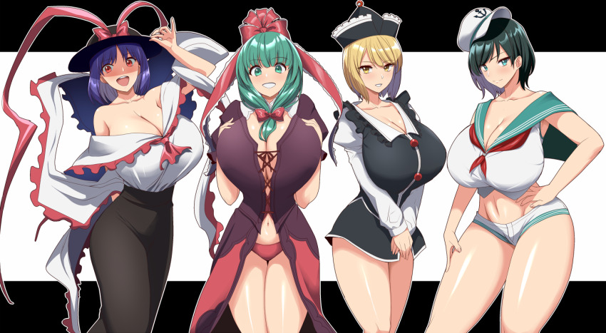 4girls alternate_breast_size black_hat black_shirt black_skirt blonde_hair bow breasts breasts_squeezed_together cleavage cropped_shirt dress front_ponytail green_eyes green_hair grin hair_bow hand_on_own_hip hat hat_bow huge_breasts kagiyama_hina kloah long_skirt looking_at_viewer lunasa_prismriver micro_shorts midriff miniskirt multiple_girls murasa_minamitsu nagae_iku panties purple_hair red_dress red_eyes red_panties sailor_collar sailor_hat sailor_shirt shirt short_hair shorts skirt smile touhou underwear white_hat white_shirt