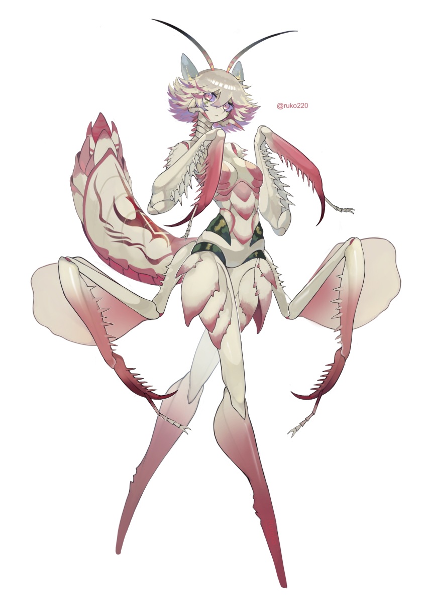 1girl absurdres antennae arthropod_girl arthropod_limbs carapace claws colored_sclera colored_skin commentary_request dated_commentary extra_arms facial_mark full_body highres mantis_girl monster_girl multicolored_skin no_feet orchid_mantis original pink_eyes pink_hair purple_sclera revision ruteko_(ruko220) short_hair solo white_background white_hair