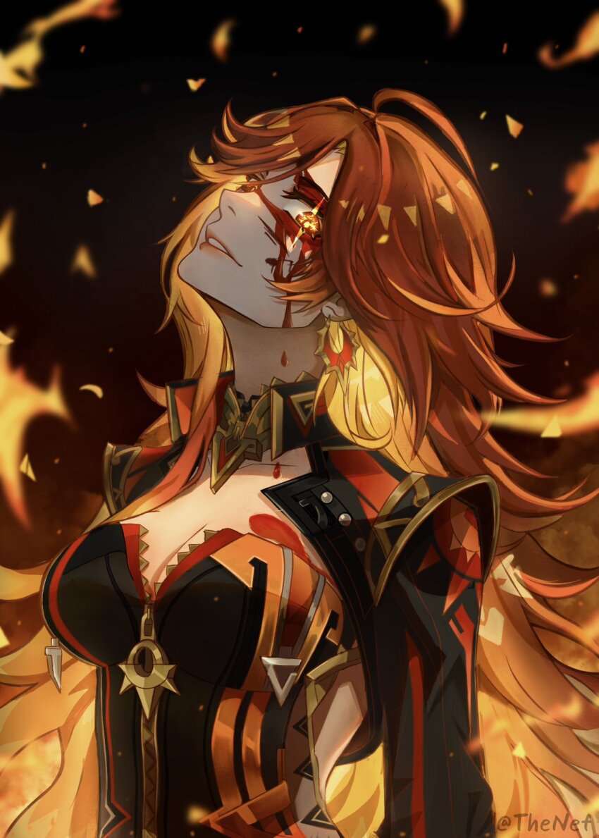 1girl ahoge artist_name biker_clothes bikesuit black_background black_bodysuit blonde_hair blood blood_on_face bodysuit breasts cleavage collarbone colored_inner_hair commentary earrings english_commentary fire genshin_impact hair_between_eyes highres jewelry large_breasts long_hair long_sleeves looking_at_viewer mavuika_(genshin_impact) multicolored_hair red_eyes red_hair sentinew0 simple_background single_sidelock smile solo sun_earrings sun_ornament sun_symbol symbol_in_eye teeth upper_body zipper