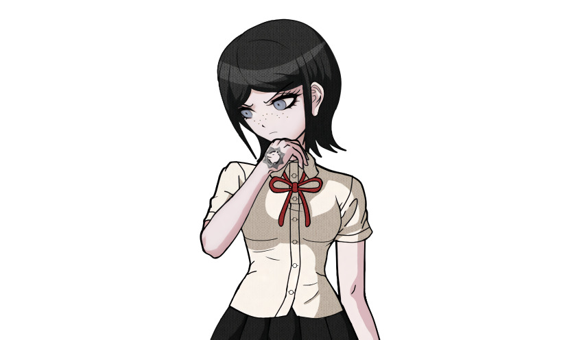 1girl absurdres black_hair black_skirt blue_eyes bow breasts closed_mouth danganronpa:_trigger_happy_havoc danganronpa_(series) drakidor female_focus freckles frown hand_tattoo hand_up highres ikusaba_mukuro looking_to_the_side medium_breasts neck_ribbon official_style pleated_skirt red_bow red_ribbon ribbon shirt simple_background skirt solo solo_focus tattoo tattoo_on_hand third-party_edit transparent_background white_shirt xxgoldmadnessxx