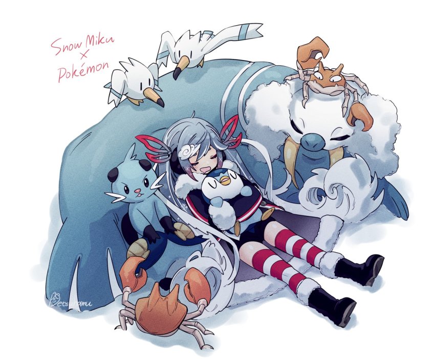 1girl 6+others animal bird black_coat black_footwear black_shorts blue_hair boots buck_teeth closed_eyes coat commentary crab crossover dewott drooling full_body fur fur-trimmed_boots fur-trimmed_coat fur_trim gen_1_pokemon gen_3_pokemon gen_4_pokemon gen_5_pokemon hair_ribbon hamudetsu hatsune_miku highres holding holding_pokemon krabby long_hair mouth_drool multiple_others nintendo no_headwear otter penguin pincers piplup pokemon pokemon_(creature) red_ribbon red_thighhighs ribbon seagull shorts signature sitting sleeping striped_clothes striped_thighhighs teeth thighhighs tusks twintails v-shaped_eyebrows very_long_hair vocaloid walrein walrus wavy_hair whiskers white_background wingull yuki_miku yuki_miku_(2022)