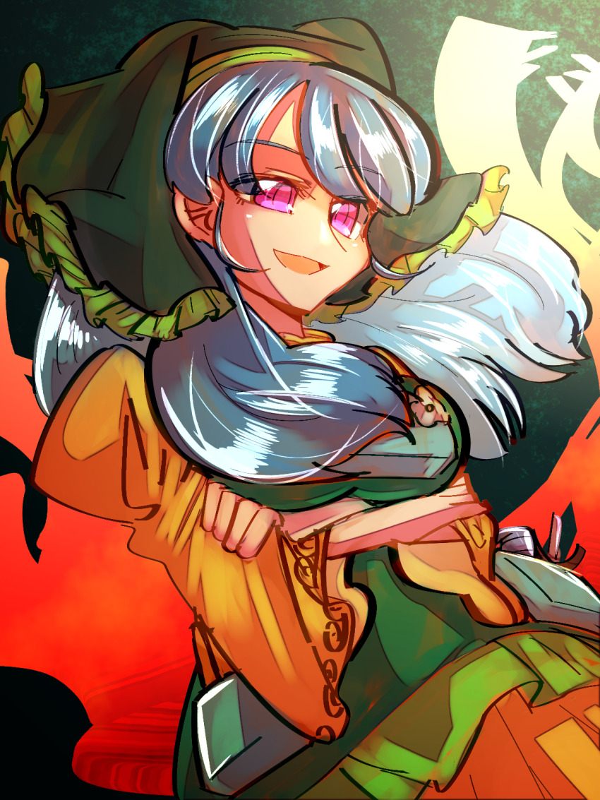 1girl apron arms_under_breasts aura blue_hair breasts commentary_request cowboy_shot dress green_apron green_background green_headscarf haniyasushin_keiki headscarf highres large_breasts long_hair looking_at_viewer open_mouth pink_eyes shippuu_jinnari smile solo touhou yellow_dress