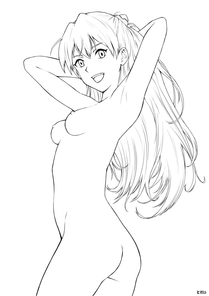 1girl absurdres armpits arms_up ass breasts completely_nude cowboy_shot from_side gluteal_fold highres interface_headset_(evangelion) long_hair looking_at_viewer neon_genesis_evangelion nipples nude open_mouth simple_background small_breasts smile souryuu_asuka_langley standing teeth tokai upper_teeth_only variant_set very_long_hair white_background