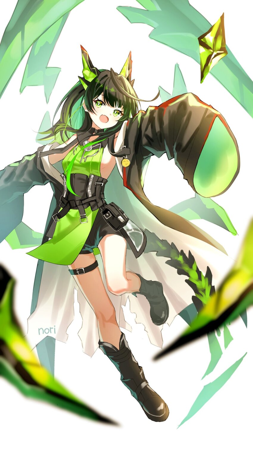 arknights bare_shoulders black_boots black_hair black_jacket boots green_eyes green_hair green_shirt highres jacket long_hair mon3tr_(arknights) multicolored_hair nori6272210 shirt simple_background thigh_strap thighs two-tone_hair white_background