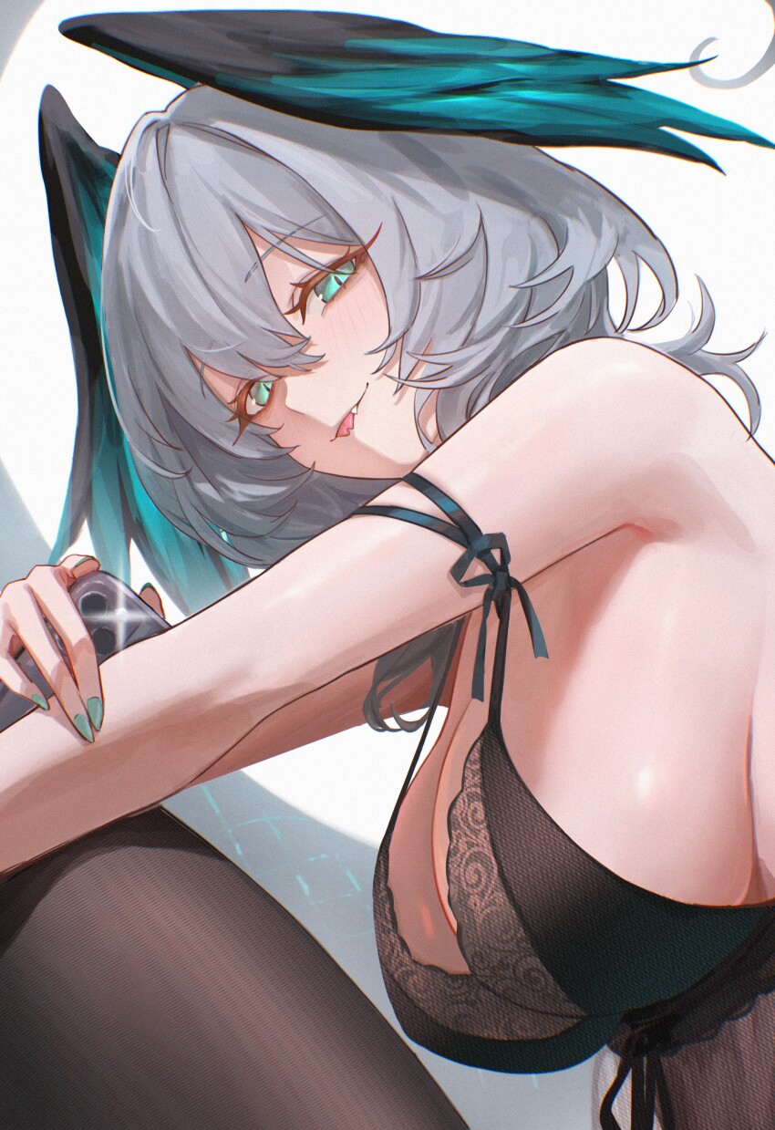 1girl absurdres aqua_eyes aqua_nails aqua_wings arknights armpit_crease babydoll bare_shoulders black_thighhighs black_wings breasts cellphone cleavage forked_tongue from_side gradient_wings grey_hair hair_between_eyes head_wings highres ho&#039;olheyak_(arknights) holding holding_phone large_breasts looking_at_viewer medium_hair multicolored_wings nail_polish phone see-through_babydoll see-through_clothes smartphone smile snake_tail solo strap_slip tail thighhighs tongue tongue_out uof wings
