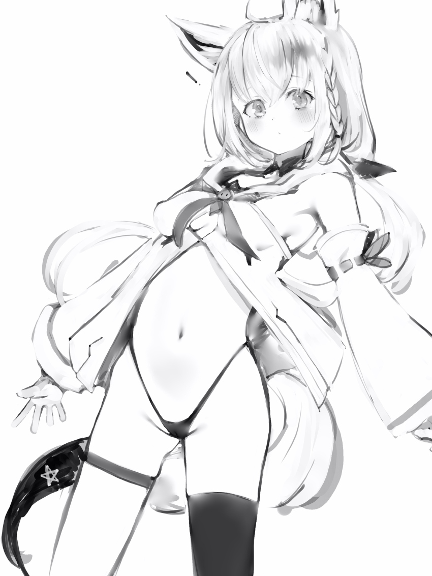 ! 1girl ahoge animal_ears blush braid breasts closed_mouth detached_sleeves dot_mouth fox_ears fox_girl fox_tail greyscale hair_between_eyes highleg highleg_panties highres hololive long_hair long_sleeves looking_at_viewer low_twintails monochrome nanashi_(nlo) navel panties shirakami_fubuki simple_background single_thighhigh small_breasts solo stomach string_panties tail thigh_strap thighhighs twintails underwear virtual_youtuber wide_sleeves