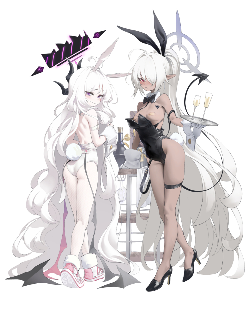 2girls ahoge alcohol alternate_costume animal_ears ass b-pang backless_leotard bandaid bandaids_on_nipples black_leotard black_shoes blue_archive blush breasts champagne champagne_flute chest_tattoo closed_mouth cup dark-skinned_female dark_skin demon_girl demon_horns demon_tail drinking_glass fake_animal_ears fake_tail fang forehead full_body gloves grey_hair grey_halo hair_over_one_eye halo high_heels high_ponytail highleg highleg_leotard highres hina_(blue_archive) holding holding_tray horns iori_(blue_archive) leotard long_hair long_pointy_ears looking_at_viewer looking_back multiple_girls multiple_horns pantyhose parted_bangs pasties playboy_bunny pointy_ears ponytail pumps purple_eyes rabbit_ears rabbit_tail red_eyes shoes simple_background skin_fang small_breasts sneakers standing strapless strapless_leotard tail tattoo thigh_strap tray very_long_hair white_background white_gloves white_hair white_leotard white_pantyhose white_shoes white_wrist_cuffs wrist_cuffs