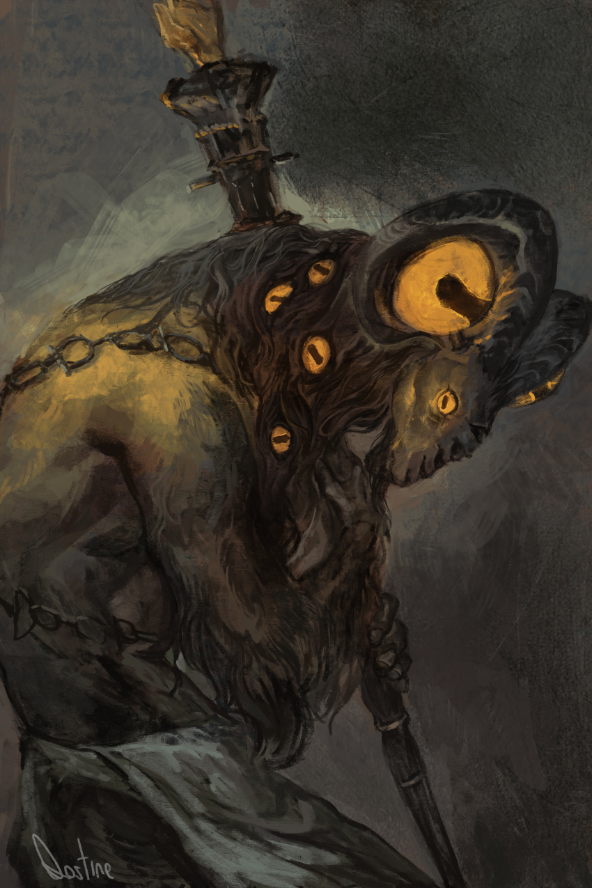 1boy absurdres chain cowboy_shot elden_ring elden_ring_nightreign extra_eyes facial_hair from_side glowing glowing_eyes goat_horns goatee grey_background hands_up highres holding holding_staff horizontal_pupils horns hunched_over libra_(elden_ring) loincloth looking_at_viewer monster monster_focus qostine solo staff