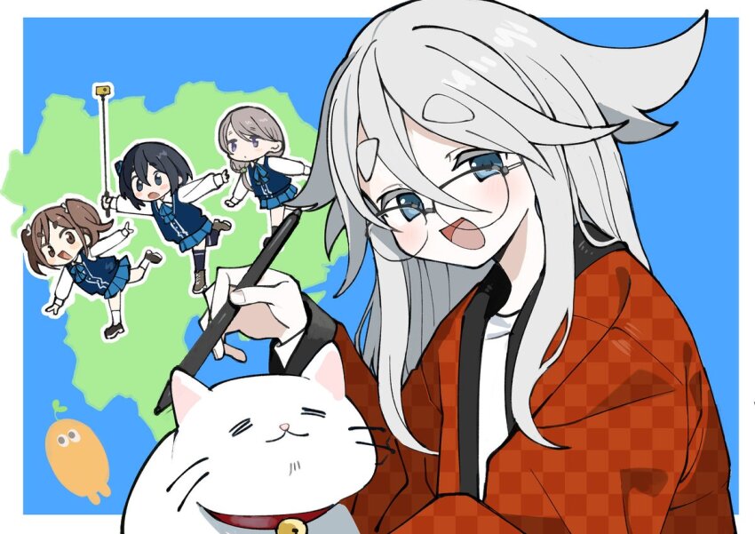 4girls akiyama_haruno amamiya_satsuki_(mono) black_eyes black_hair blue_background blue_eyes blue_skirt blue_sweater_vest border brown_eyes brown_hair camera cat character_request chibi chibi_inset creature glasses grey_hair guest_art hair_flaps hair_over_shoulder hanten_(clothes) holding holding_camera holding_stylus kiriyama_ann kokaki_mumose long_hair looking_at_viewer low-tied_long_hair medium_hair mono_(afro) multiple_girls open_mouth outside_border patterned_clothing pleated_skirt raised_eyebrows running school_uniform second-party_source selfie_stick shikishima_sakurako shirt simple_background skirt smile stylus sweater_vest thick_eyebrows twintails unmoving_pattern upper_body v-shaped_eyebrows white_border white_shirt