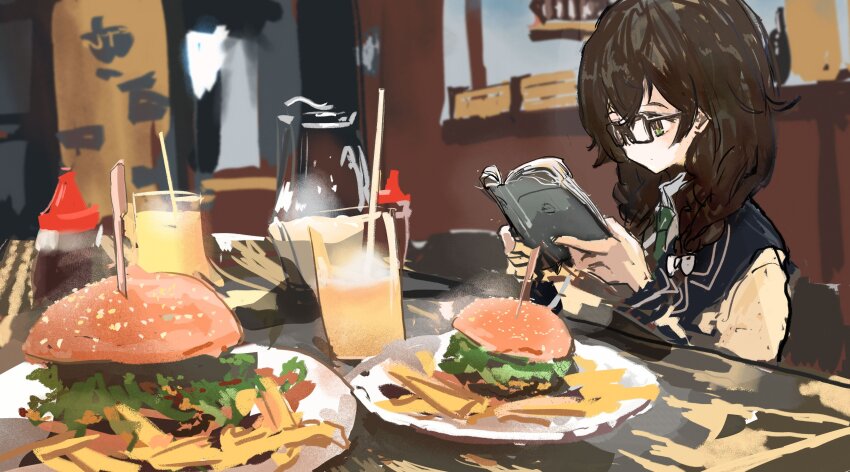 1girl absurdres black_jacket blazer book braid burger cevio closed_mouth commentary_request cup drink drinking_glass expressionless food french_fries from_side glasses green_necktie hair_over_shoulder hanakuma_chifuyu highres holding holding_book indoors jacket kabuyama_kaigi long_hair long_sleeves low_twin_braids necktie pitcher_(container) plate reading restaurant sitting solo synthesizer_v twin_braids yellow_sleeves