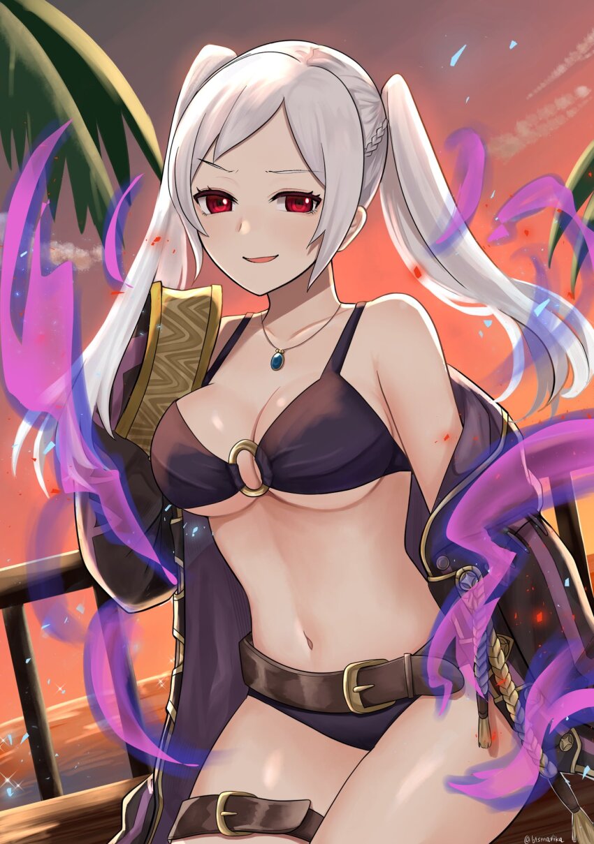 1girl belt belt_buckle bikini black_bikini black_robe breasts brown_belt buckle cleavage closed_mouth cloud collarbone female_robin_(fire_emblem) female_robin_(grima)_(fire_emblem) female_robin_(seaside_tactician)_(fire_emblem) fire_emblem fire_emblem_awakening fire_emblem_heroes grima_(fire_emblem) highres intelligent_systems long_hair long_sleeves looking_at_viewer medium_breasts navel nintendo off_shoulder official_alternate_costume open_clothes open_robe orange_sky otokajife outdoors palm_tree possessed possession raised_eyebrow robe sitting sky sleeves_past_fingers sleeves_past_wrists smile solo stomach sunset swept_bangs swimsuit tree twintails twitter_username underboob white_hair