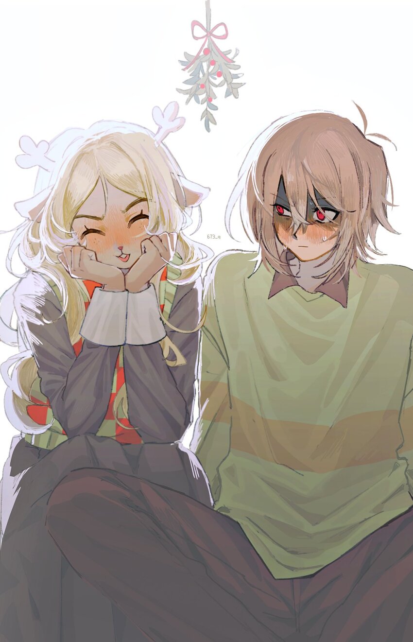 1girl 1other 673_q ahoge animal_ears antenna_hair antlers black_skirt blonde_hair blush brown_hair brown_pants buck_teeth checkered_clothes checkered_sweater_vest checkered_vest closed_eyes closed_mouth deer_antlers deer_ears deer_girl deer_tail deltarune embarrassed freckles furry furry_female green_sweater hair_between_eyes hand_on_own_face hashtag-only_commentary highres horns kris_(deltarune) long_hair long_skirt mistletoe noelle_holiday open_mouth other_with_female pants red_eyes reindeer_girl shaded_face short_hair simple_background skirt smile spread_legs striped_clothes striped_sweater sweatdrop sweater tail teeth twitter_username two-tone_sweater_vest vest wavy_hair white_background