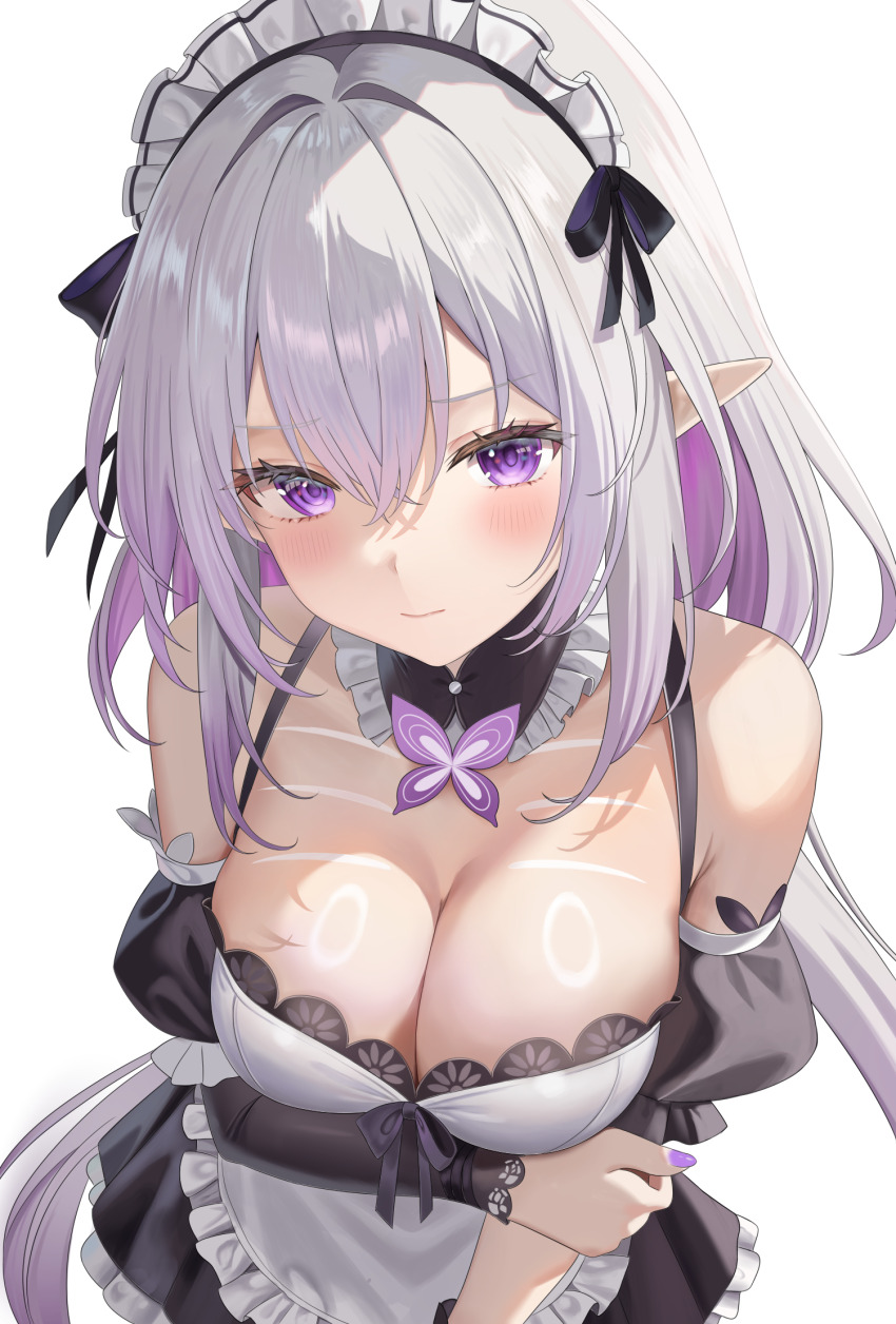1girl alternate_costume apron black_dress breasts castorice_(honkai:_star_rail) cleavage closed_mouth commentary_request dress from_above highres honkai:_star_rail honkai_(series) koya_(koyacocoa) large_breasts long_hair looking_at_viewer maid maid_apron maid_headdress pointy_ears purple_eyes purple_hair simple_background solo white_apron white_background