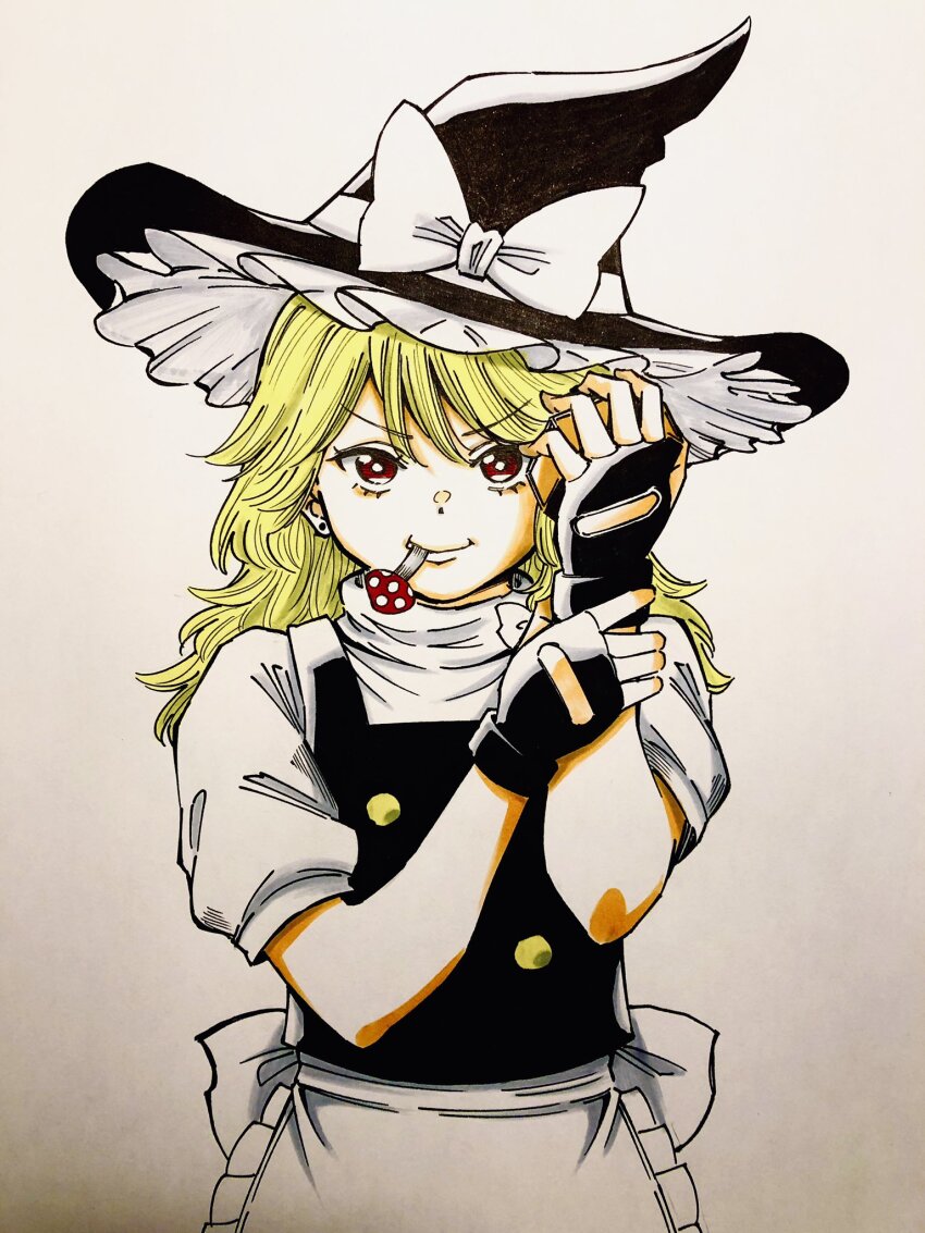 1girl adjusting_clothes adjusting_gloves apron black_gloves black_hair black_hat black_vest blonde_hair bow buttons closed_mouth commentary_request cowboy_shot fingerless_gloves frilled_apron frilled_hat frills gloves happy hat hat_bow highres kirisame_marisa looking_at_viewer mushroom puffy_short_sleeves puffy_sleeves red_eyes s590220 short_sleeves simple_background smile solo touhou traditional_media v-shaped_eyebrows vest waist_apron white_apron white_background witch_hat