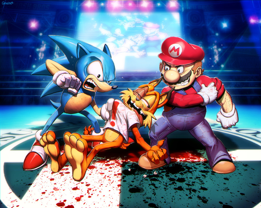 1boy animal_feet beatdown blood bubsy bubsy_(character) furry furry_male genzoman mario mario_(series) nintendo sega shirt soles sonic_(series) sonic_the_hedgehog super_smash_bros. toes tongue tongue_out