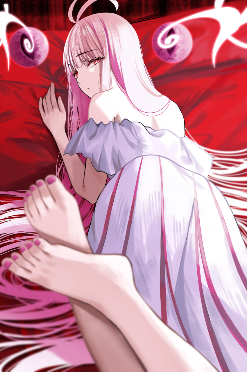 1girl ahoge bare_shoulders barefoot breasts dress fate/grand_order fate_(series) feet foot_focus highres koha-ace long_hair looking_at_viewer looking_back lying medium_breasts multicolored_hair nicky_w on_stomach oryou_(fate) oryou_(lancer)_(fate) pink_hair red_eyes solo toes two-tone_hair very_long_hair white_dress white_hair