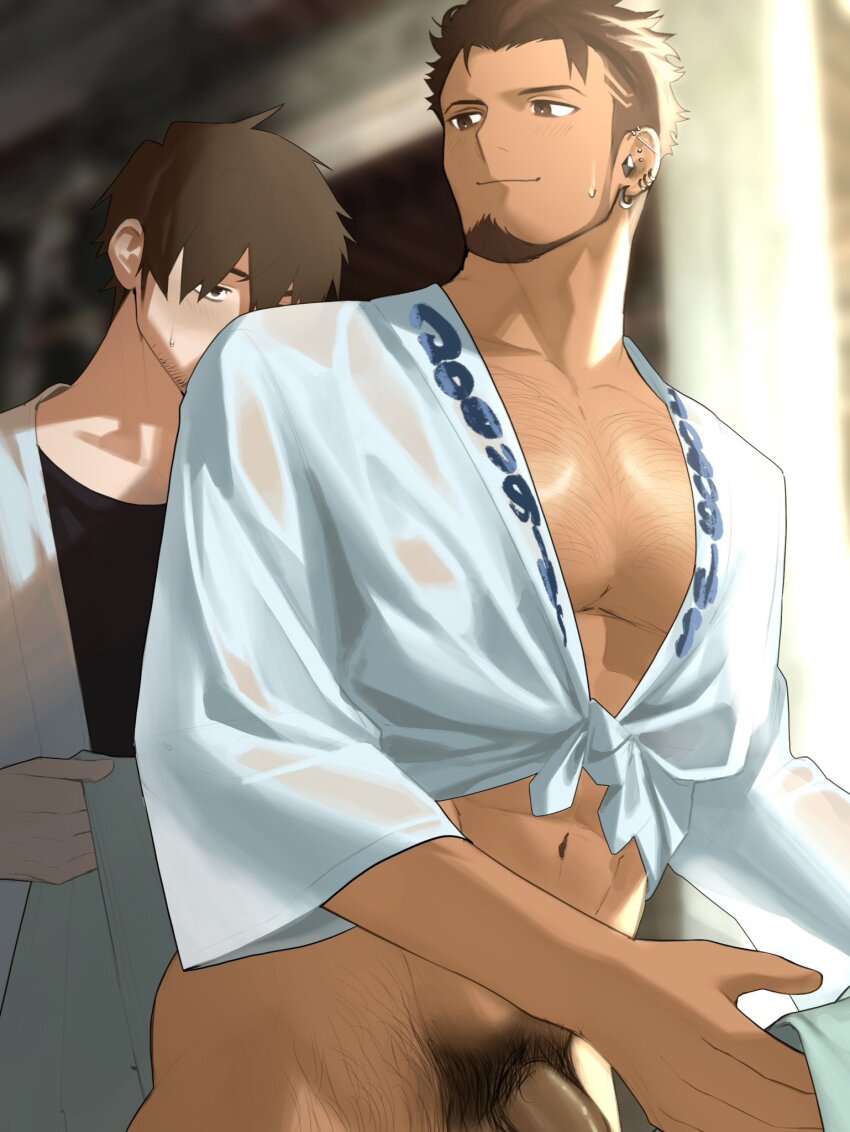 2boys bara black_hair bottomless dressing_another facial_hair feet_out_of_frame from_below fundoshi fundoshi_pull goburin_second happi harumi_(goburin_second) highres holding japanese_clothes kimono large_pectorals light_blush looking_at_another looking_back male_focus male_pubic_hair multiple_boys muscular muscular_male naked_kimono navel original paid_reward_available partially_undressed pectorals penis_out_of_frame pubic_hair see-through_clothes shadow short_hair standing sunlight thick_thighs thighs thighs_together towel wet wet_clothes wet_kimono wide_sleeves yaoi