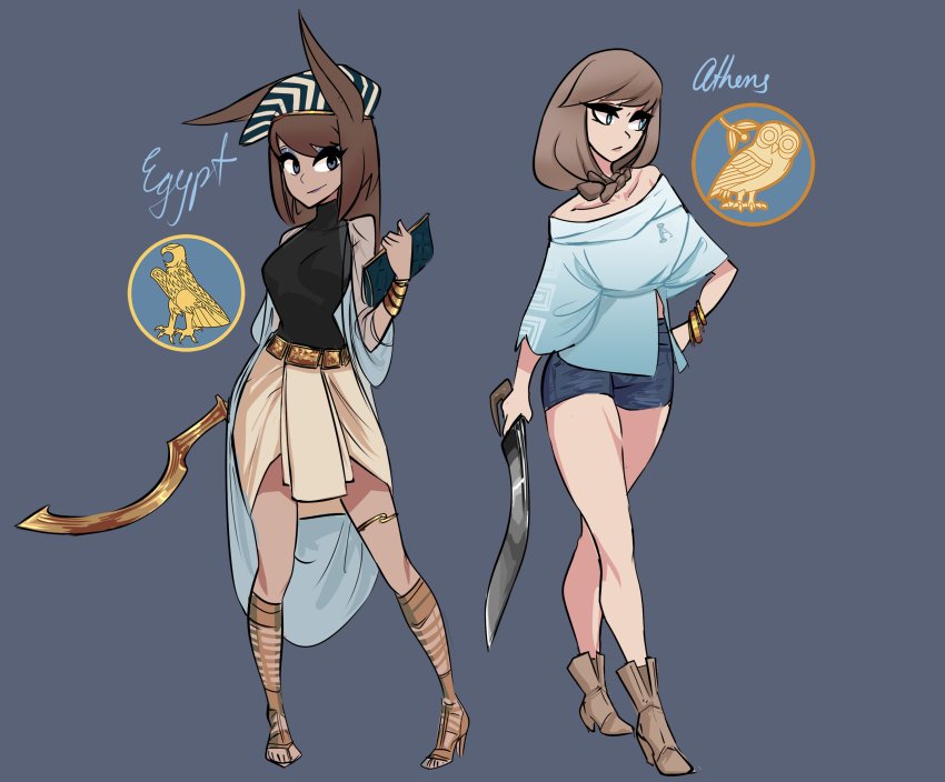 2girls absurdres ancient_egyptian_clothes anubite_(centurii-chan) bag bird braid centurii-chan eagle handbag highres hoplite_(centurii-chan) khopesh kopis multiple_girls owl sandal sword weapon