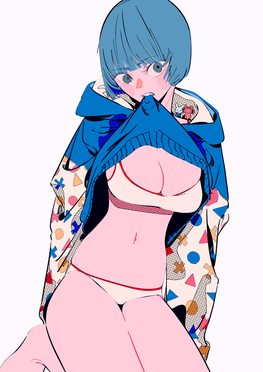 1girl absurdres blue_eyes blue_hair circle_print clothes_in_mouth commentary highres hood hood_down lifting_own_clothes matumot navel original screentones short_hair simple_background solo symbol-only_commentary triangle_print