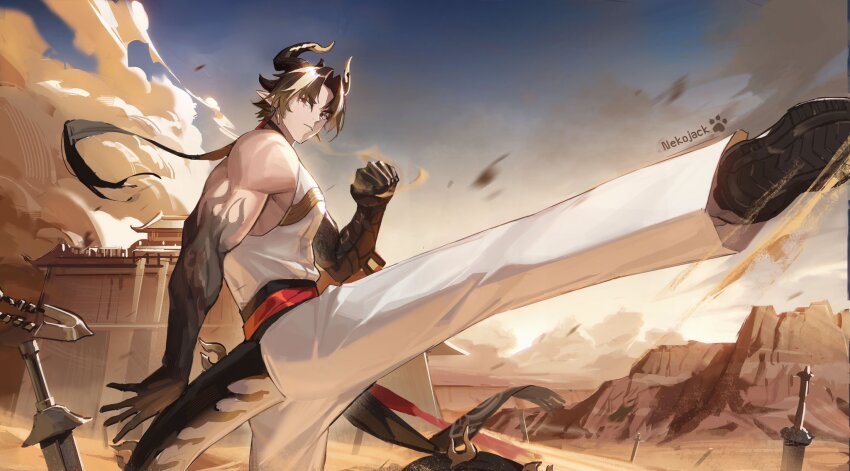arknights artist_name attack bara chinese_commentary chongyue_(arknights) cloud desert dragon_boy dragon_horns dragon_tail earrings fortress highres horns jewelry jieke_jieke_mao kicking looking_ahead mesa multicolored_hair multiple_swords pants pectorals ponytail red_eyes sand sand_dune shirt shoe_soles sky sleeveless sleeveless_shirt tail white_pants white_shirt