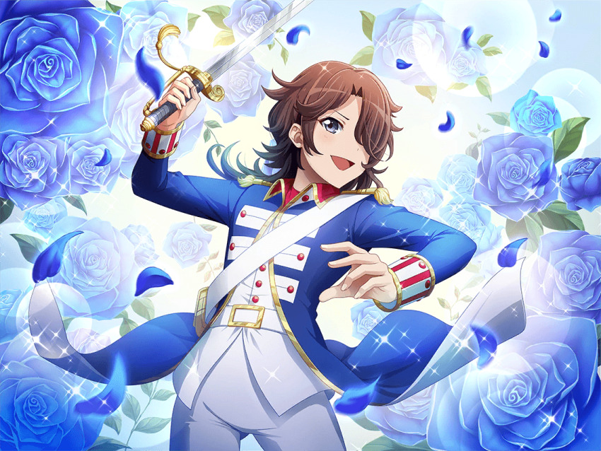 1girl andre_grandier andre_grandier_(cosplay) blue_flower blue_jacket blue_rose brown_hair cosplay flower game_cg grey_eyes hair_over_one_eye holding holding_sword holding_weapon jacket long_sleeves looking_at_viewer medium_hair official_art one_eye_covered open_mouth pants rose shoujo_kageki_revue_starlight shoujo_kageki_revue_starlight_-re_live- solo standing sword tendou_maya upper_body versailles_no_bara weapon white_pants