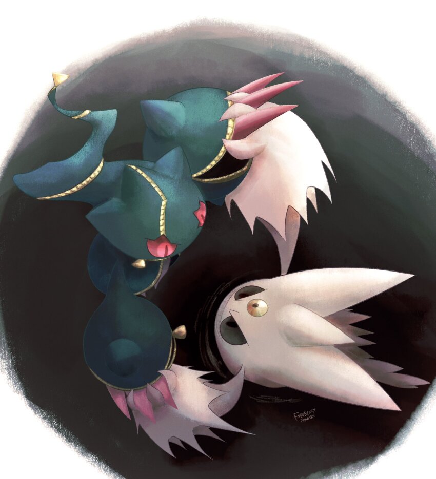 alternate_color artist_name banette black_eyes black_sclera claws colored_sclera colored_skin commentary english_commentary facial_mark fireblast forehead_mark from_above gen_1_pokemon gen_3_pokemon gengar highres holding_hands mega_banette mega_gengar mega_pokemon nintendo no_humans pokemon pokemon_(creature) red_eyes shiny_pokemon white_skin