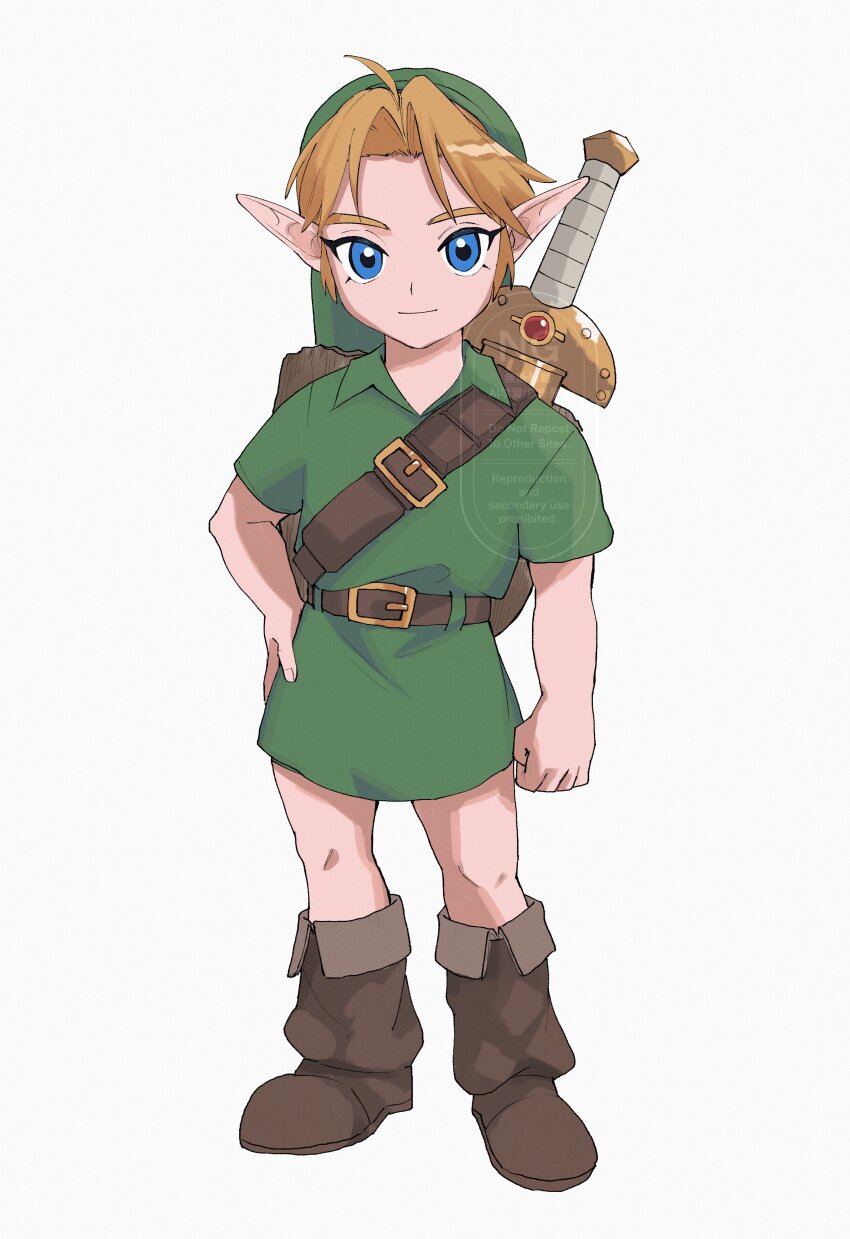 1boy absurdres arm_at_side belt belt_buckle blonde_hair blue_eyes boots brown_belt brown_boots buckle child closed_mouth fold-over_boots full_body green_hat green_tunic hand_on_own_hip hat highres kokiri_sword link looking_at_viewer male_focus nintendo pointy_ears shield shield_on_back short_hair shoulder_belt simple_background solo standing sword sword_on_back the_legend_of_zelda the_legend_of_zelda:_ocarina_of_time tunic watermark weapon weapon_on_back white_background yamori_(yamoooon21) young_link