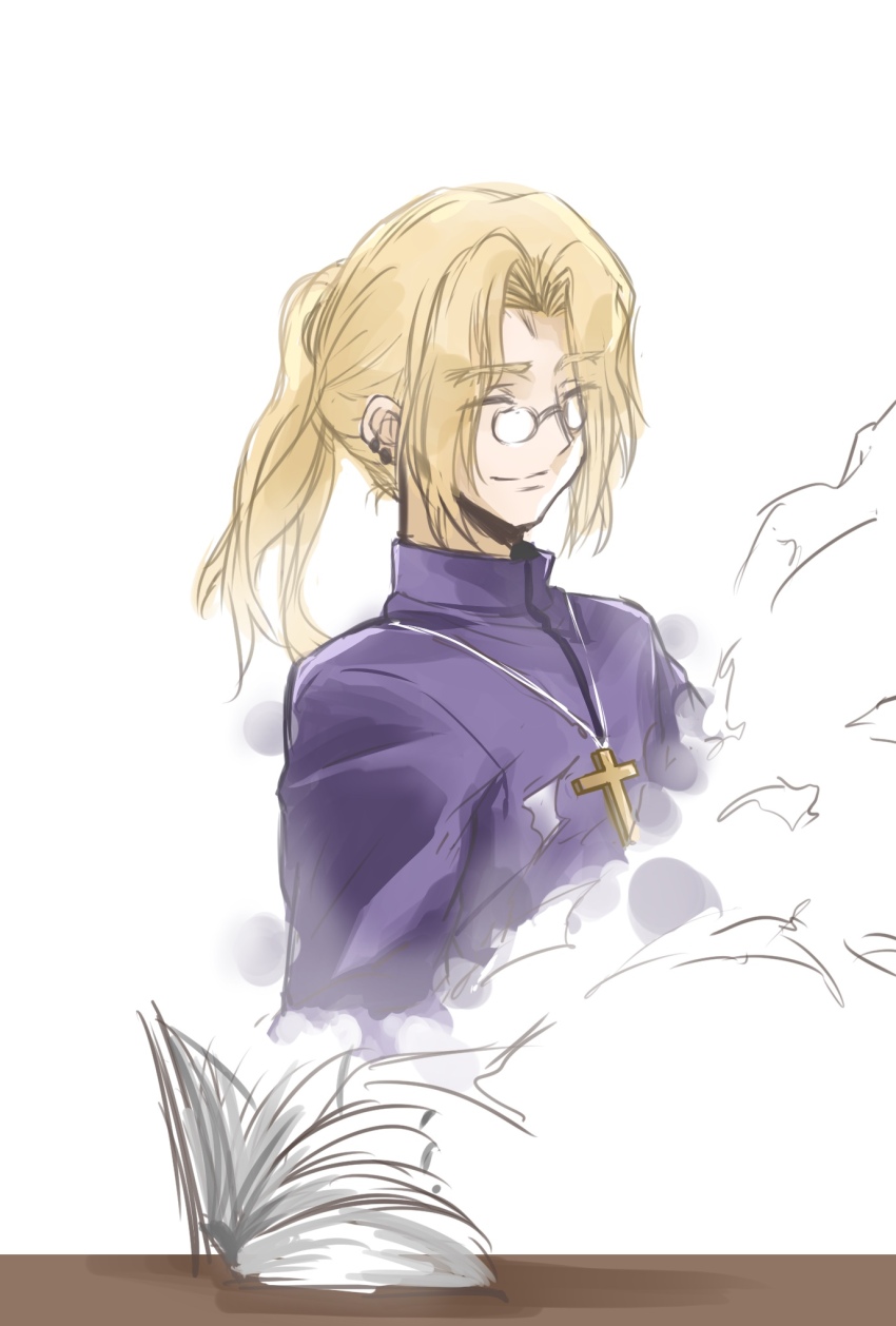 1boy blonde_hair book chiizu_ore closed_eyes cross cross_necklace dress glasses highres jewelry male_focus michael_roa_valdamjong michael_roa_valdamjong_(human) necklace open_book pages ponytail purple_dress sketch smile thick_eyebrows tsukihime upper_body