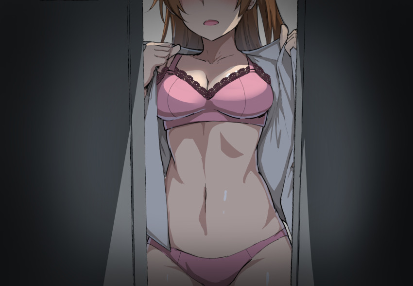 1girl 4tb_(4tera_byte) bra breasts brown_hair chuunibyou_demo_koi_ga_shitai! cleavage collarbone cowboy_shot d: hands_up highres large_breasts long_hair navel nibutani_shinka open_clothes open_mouth open_shirt panties pink_bra pink_panties shiny_skin solo stomach underwear
