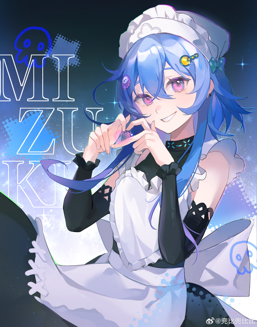 1boy absurdres alternate_costume apron arknights black_dress blue_hair crossdressing detached_sleeves dress enmaided frills hair_between_eyes hair_ornament heart heart_hands highres long_sleeves looking_at_viewer maid maid_apron maid_headdress male_focus mizuki_(arknights) pink_eyes purple_eyes sidelocks smile solo trap white_apron yuanyi163