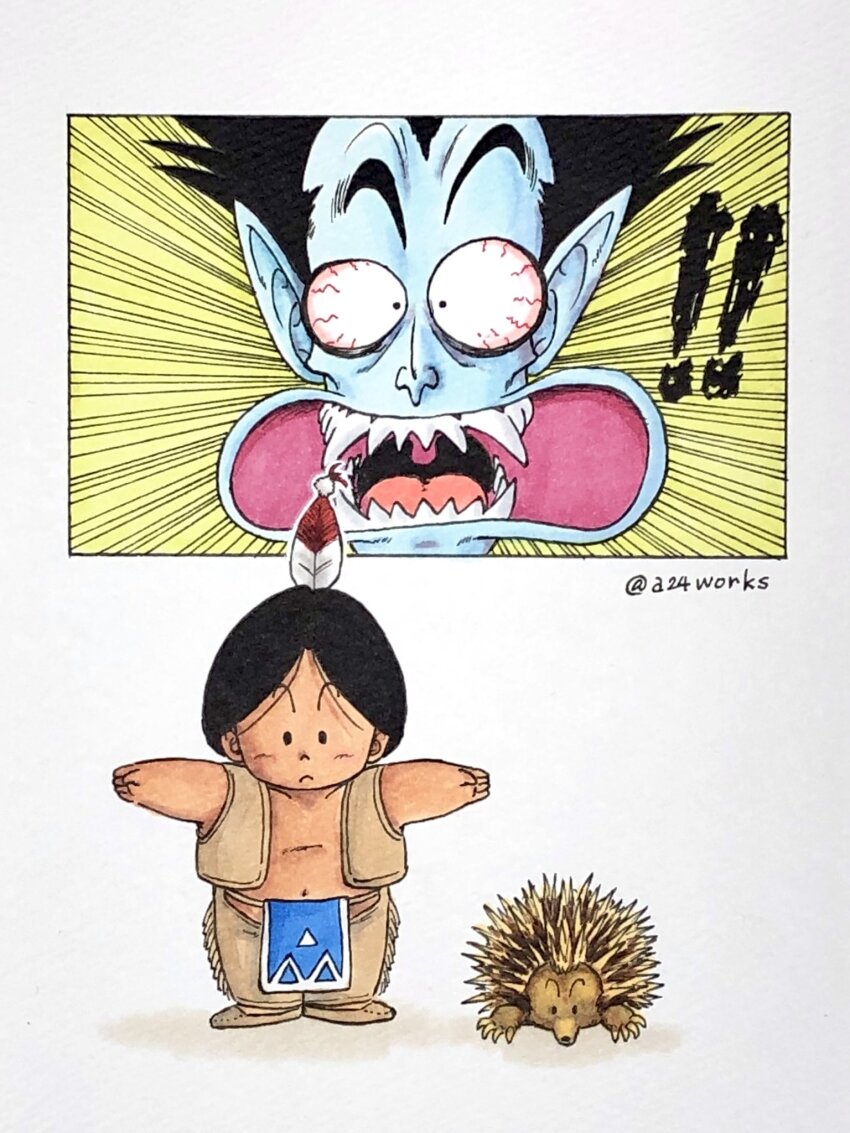 ! !! 3boys a24wks black_eyes black_hair bloodshot_eyes blue_skin brown_vest child colored_skin comic commentary_request constricted_pupils dracula_man dragon_ball dragon_ball_(classic) emphasis_lines feather_hair_ornament feathers frown hair_ornament headdress highres loincloth male_focus marker_(medium) multiple_boys native_american navel official_style pointy_ears porcupine puar raised_eyebrow sharp_teeth silent_comic solid_oval_eyes t-pose teeth tongue toriyama_akira_(style) traditional_media twitter_username upa_(dragon_ball) uvula vest widow&#039;s_peak