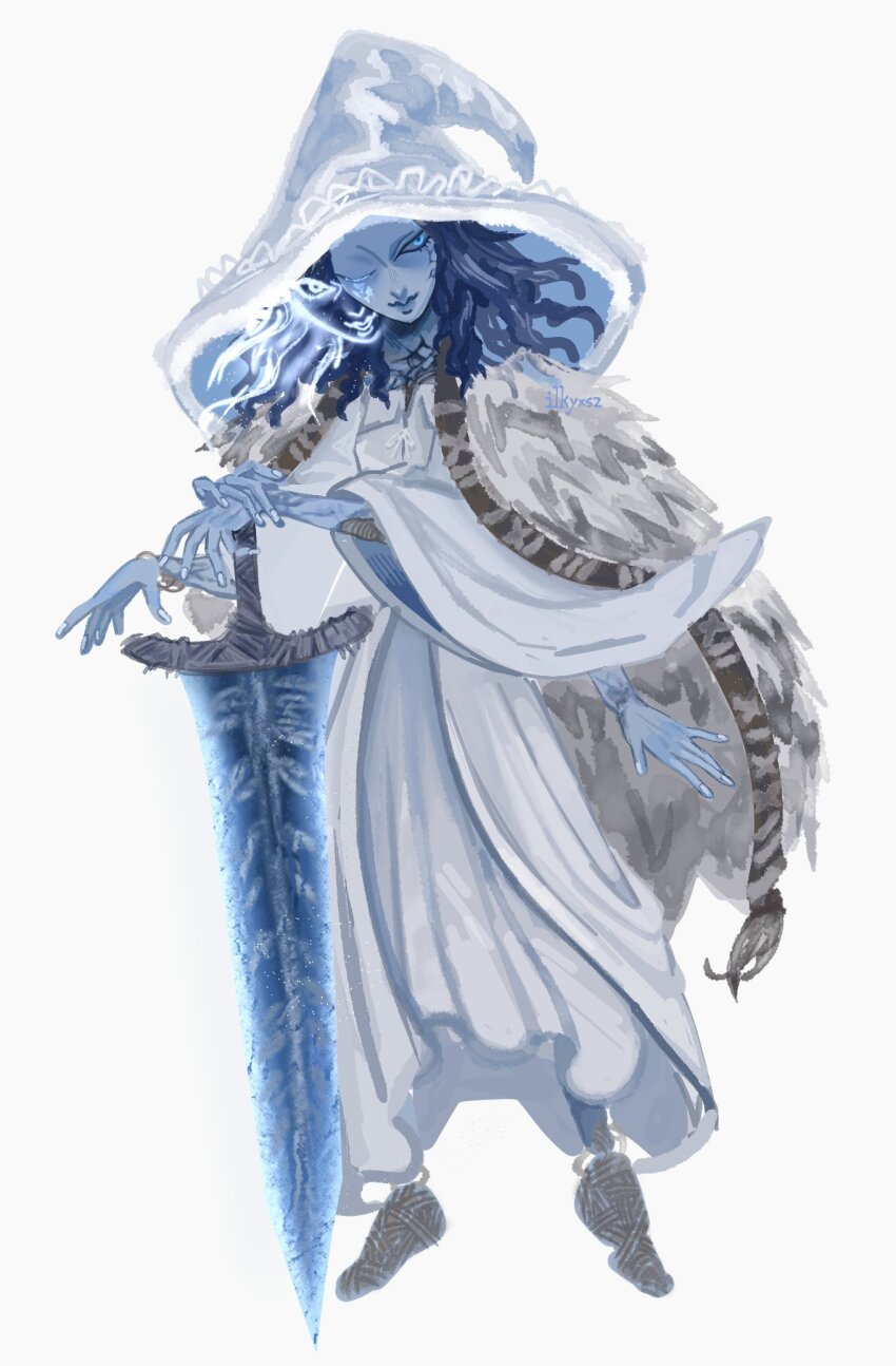 blue_eyes blue_hair blue_lips cloak colored_skin cracked_skin doll_joints dress elden_ring extra_arms facing_viewer fur_cloak hat highres ilkysx2 joints lips lipstick long_hair looking_to_the_side makeup moonlight_greatsword multiple_faces non-web_source one_eye_closed planted planted_sword planted_weapon ranni_the_witch rope signature source_request sword wavy_hair weapon white_background white_dress wide_sleeves witch_hat