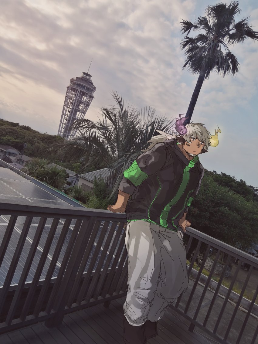 1boy absurdres against_fence alternate_costume animal_ears asymmetrical_horns bara cow_boy cow_ears cow_horns dutch_angle eye_black facial_hair fence fiery_horns forked_eyebrows full_body glowing_horns goatee grey_hair haishiba_ame highres horns leaning_back location_request long_hair male_focus mismatched_horns photo_background purple_horns solo spiked_hair thick_eyebrows tokyo_houkago_summoners tree wakan_tanka wakan_tanka_mugen