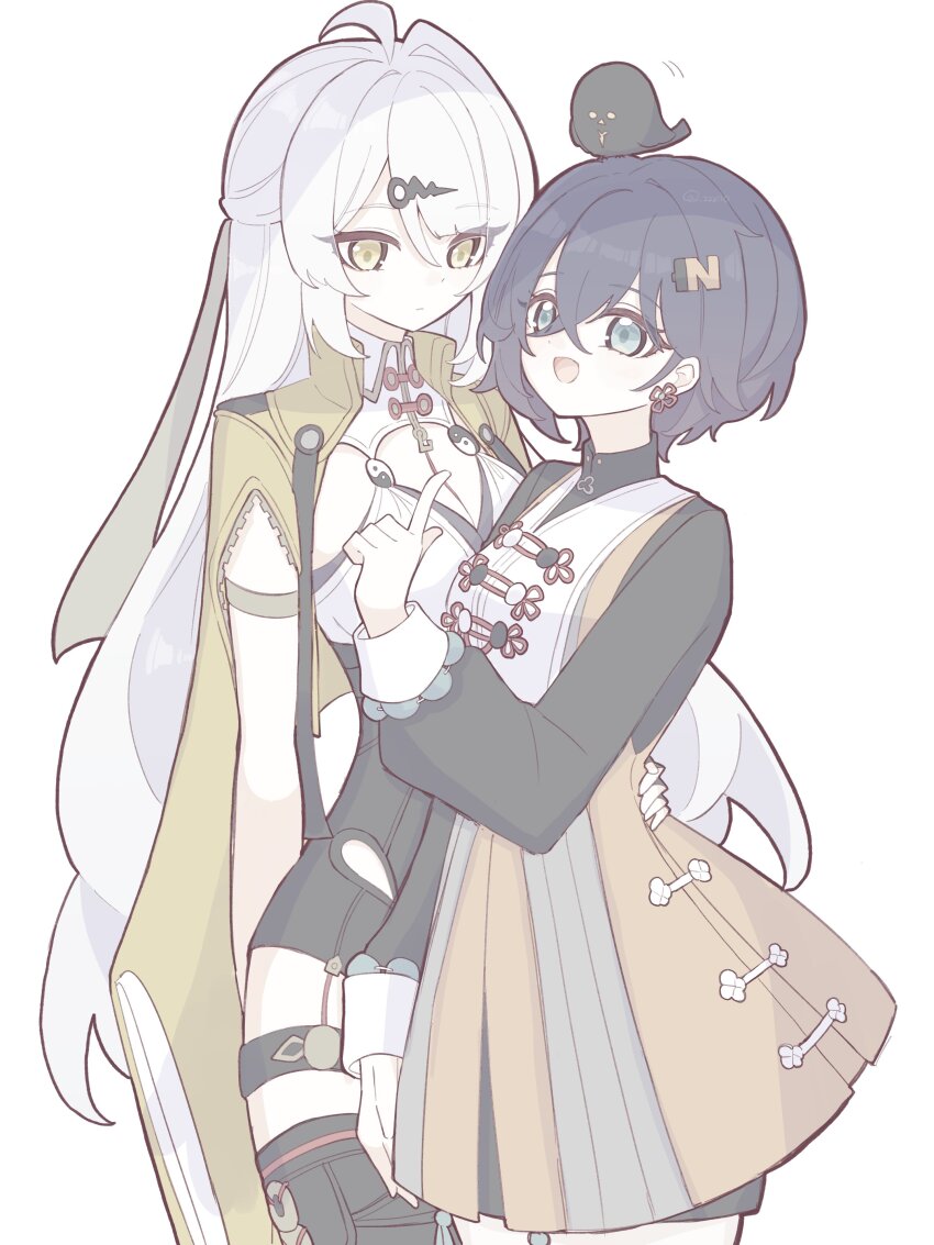 2girls absurdres ahoge animal_costume belle_(delicate_sunlight)_(zenless_zone_zero) belle_(zenless_zone_zero) bird black_bird black_unitard breasts cowboy_shot dress_over_shirt green_eyes hair_ornament hand_on_another&#039;s_hip highres jacket large_breasts letter_hair_ornament long_hair multiple_girls official_alternate_costume panda_costume simple_background single_hair_intake single_thighhigh smile thighhighs white_hair yellow_eyes yellow_jacket yin_yang_pin yixuan_(zenless_zone_zero) zenless_zone_zero zzzii0