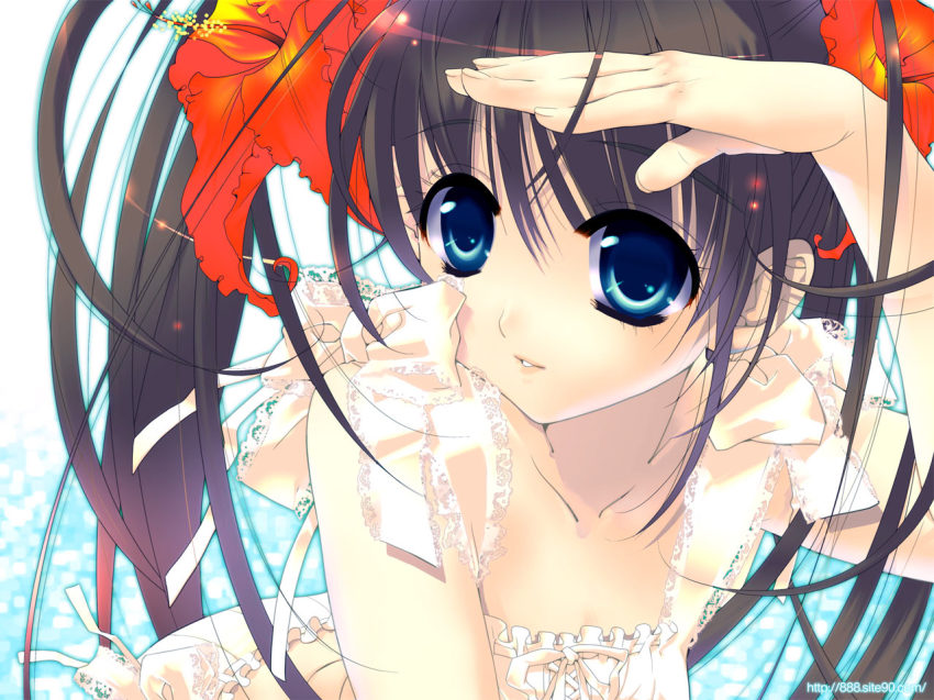 1girl 888 ahoge blue_eyes bow brown_hair eyebrows female_focus flower frills hair_flower hair_ornament hibiscus lace long_hair looking_at_viewer ocean original ribbon solo twintails very_long_hair watermark web_address web_address_without_path